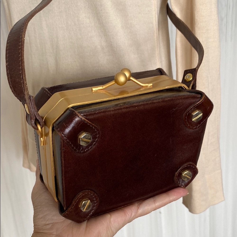 KENO by RO -EL Elegant Brown and Gold Box Crossbody 100% leather Handbag